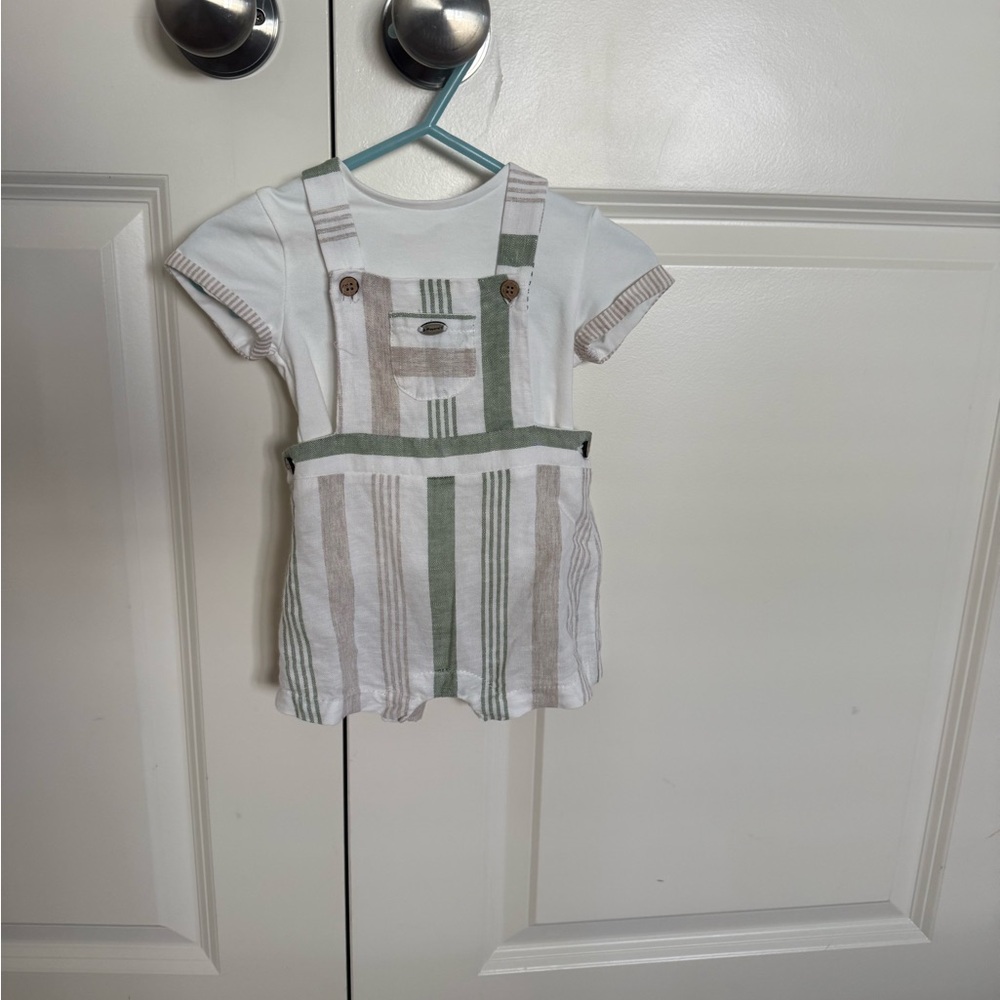 Mayoral Green and Brown Striped Overalls with White Tee